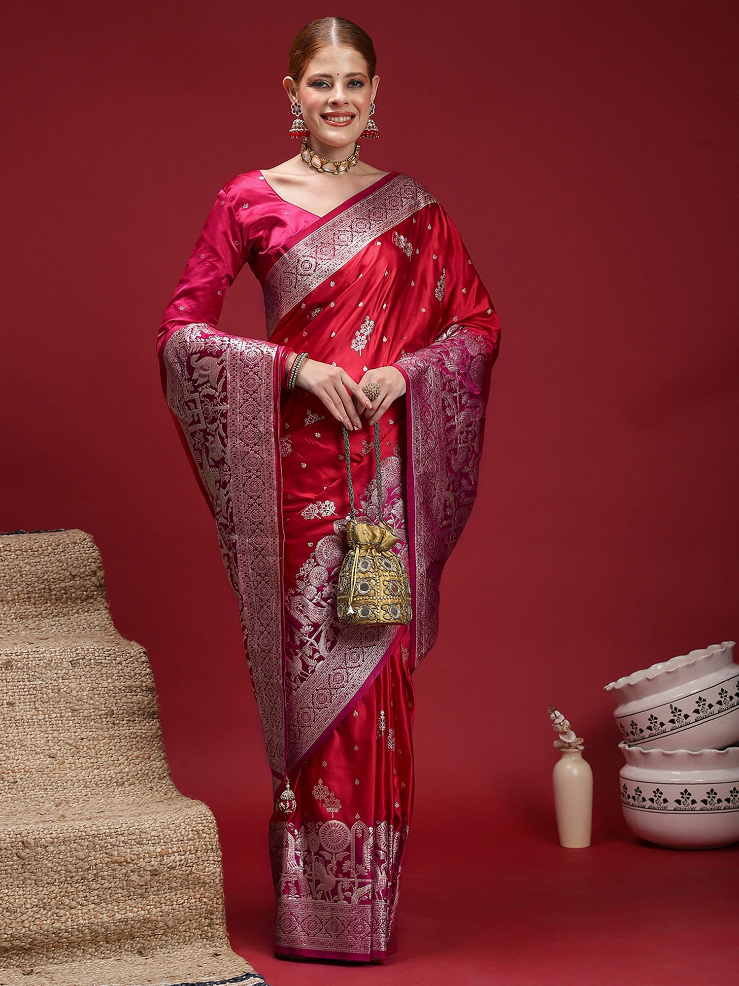 Red Banarasi Satin Silk Zari Woven Saree - Ressa