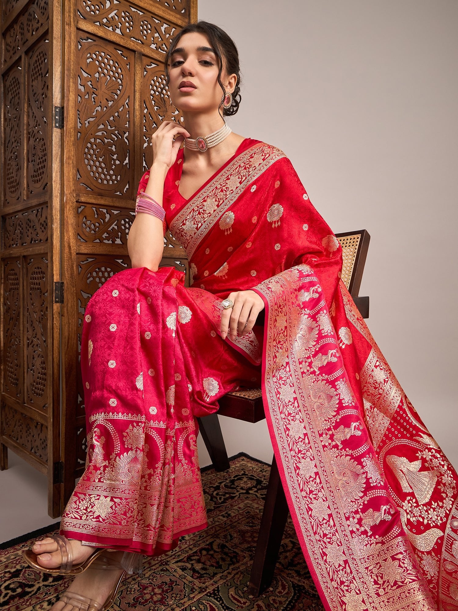 Red Banarasi Satin Silk Zari Woven Saree - Ressa
