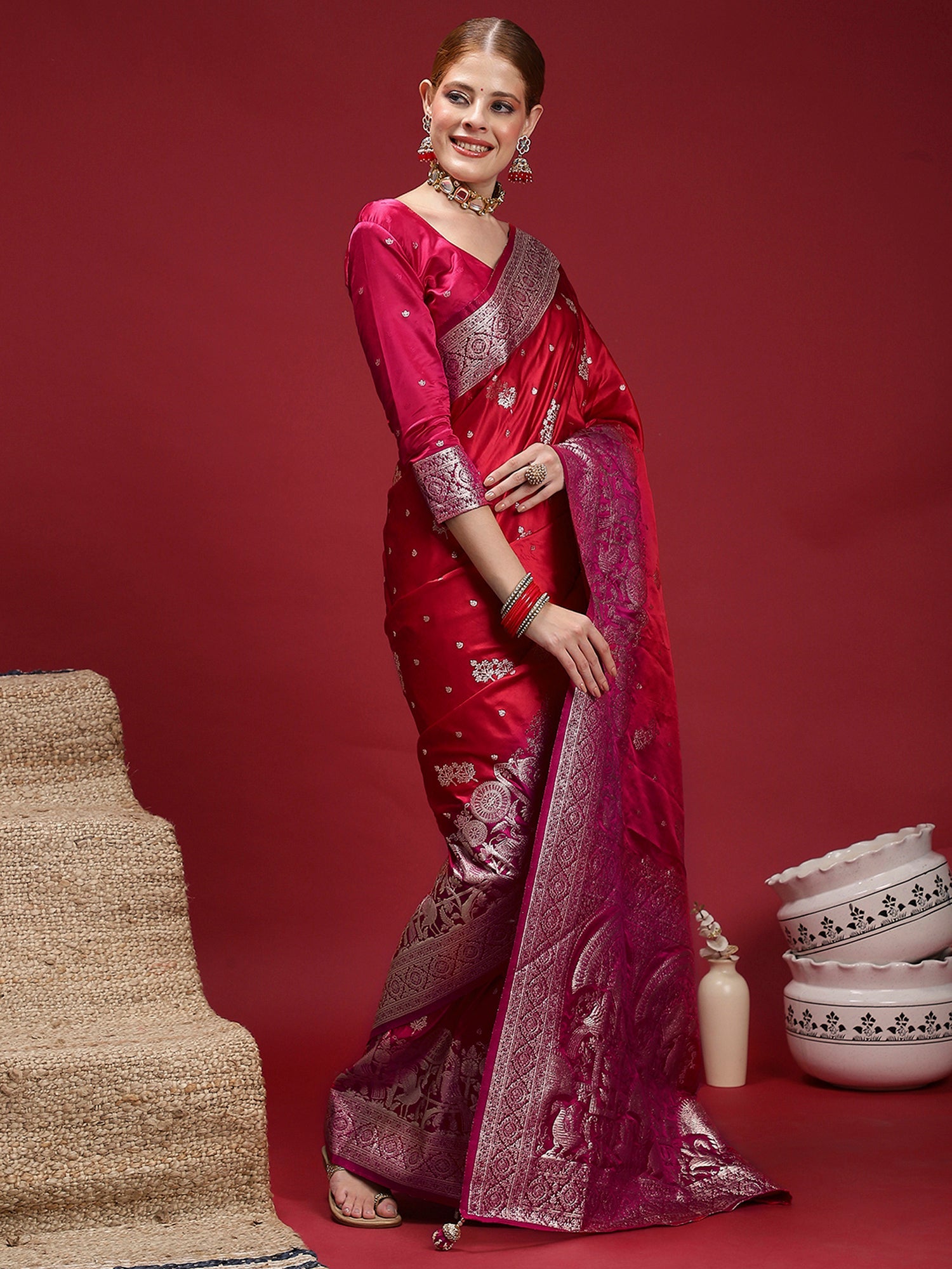 Red Banarasi Satin Silk Zari Woven Saree - Ressa