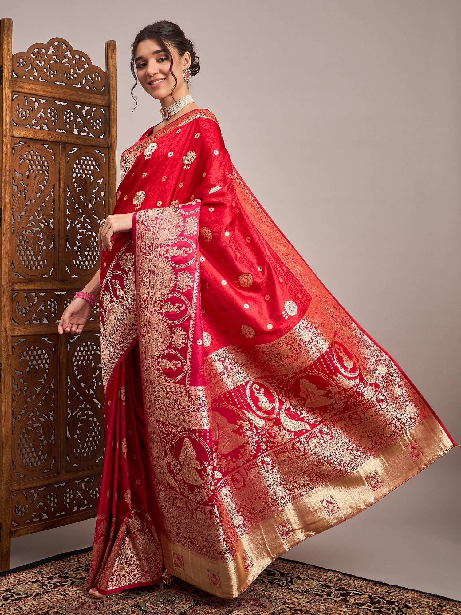 Red Banarasi Satin Silk Zari Woven Saree - Ressa