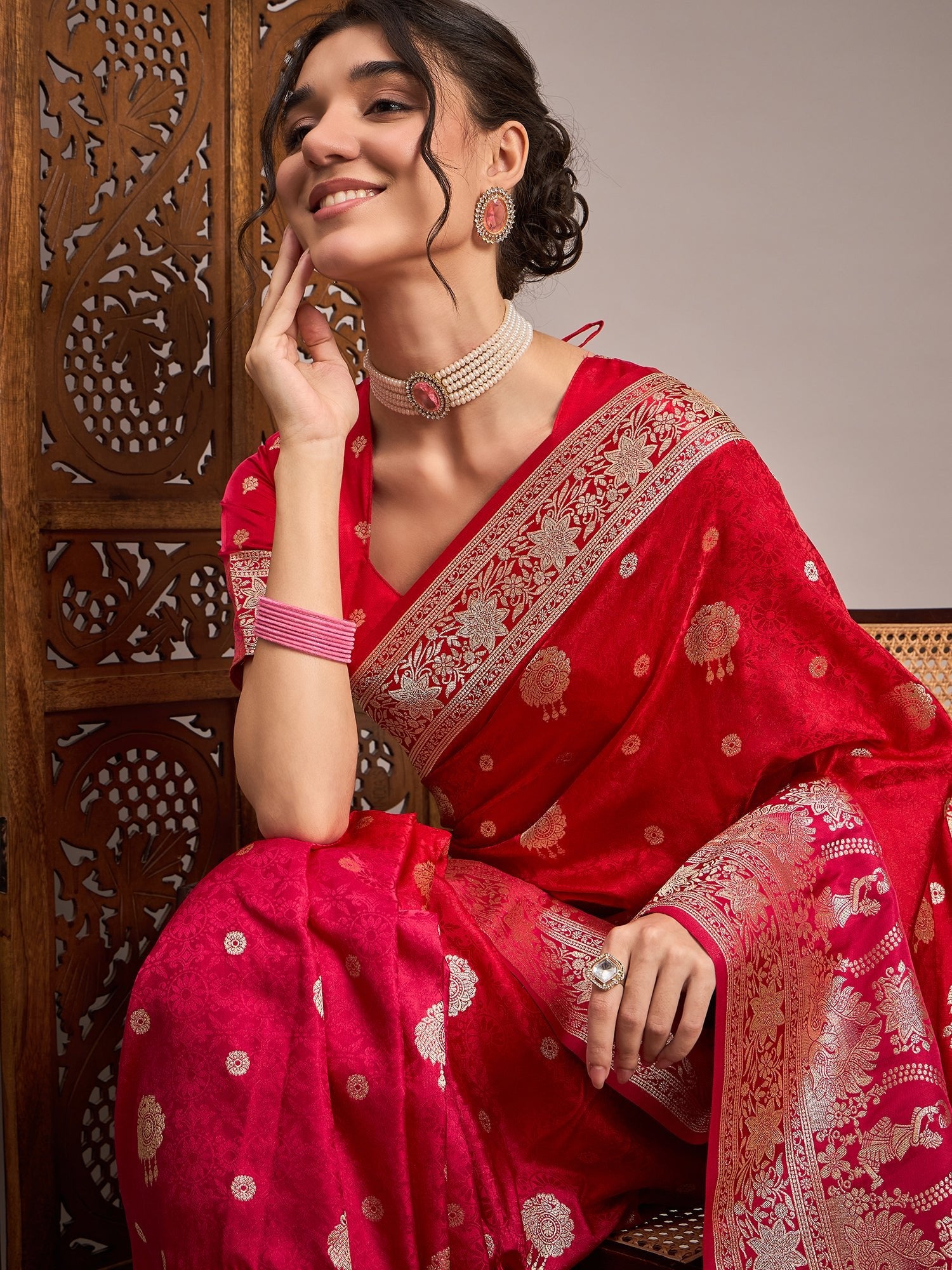 Red Banarasi Satin Silk Zari Woven Saree - Ressa