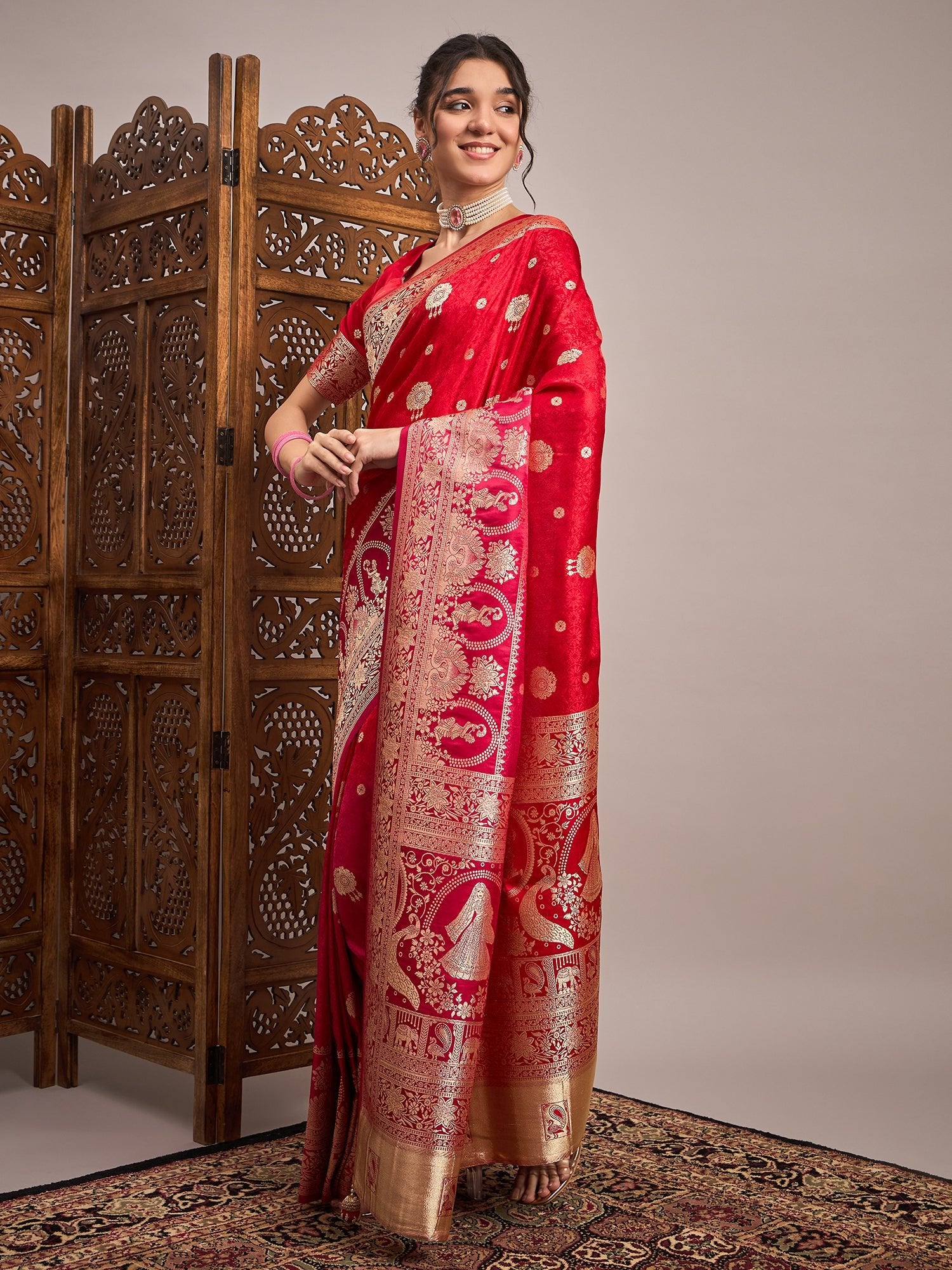 Red Banarasi Satin Silk Zari Woven Saree - Ressa