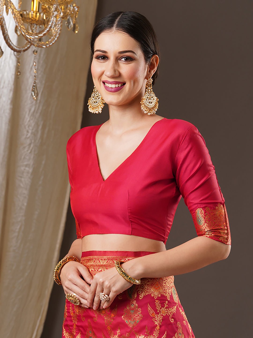 Red Banarasi Silk Saree with Gold Zari Weave - Ressa