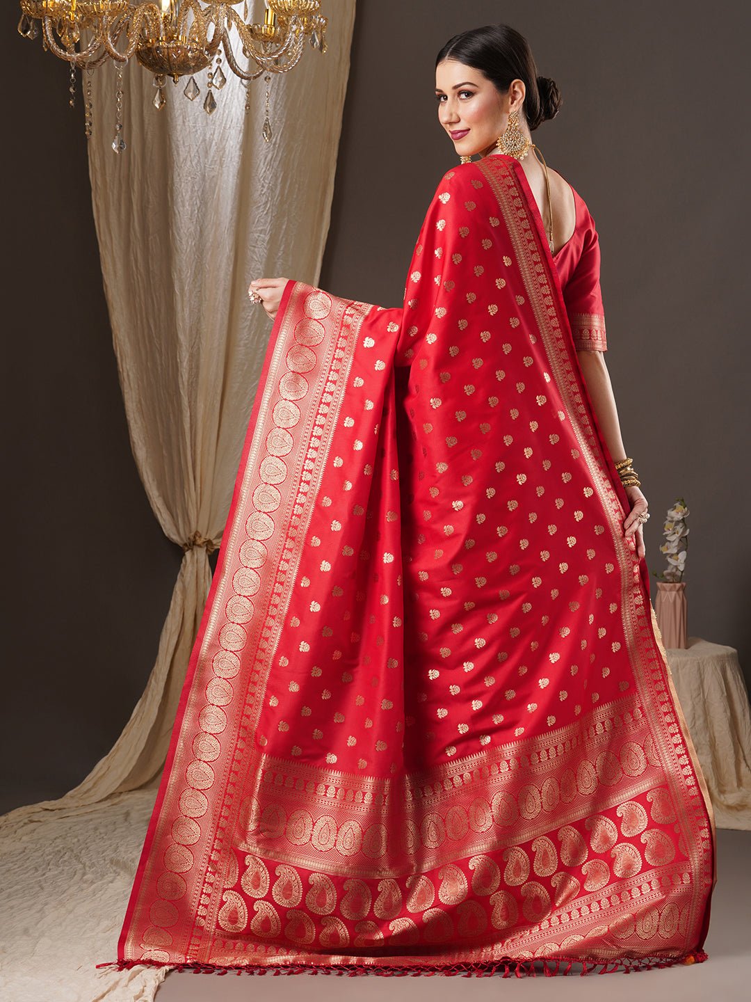 Red Banarasi Silk Saree with Gold Zari Weave - Ressa