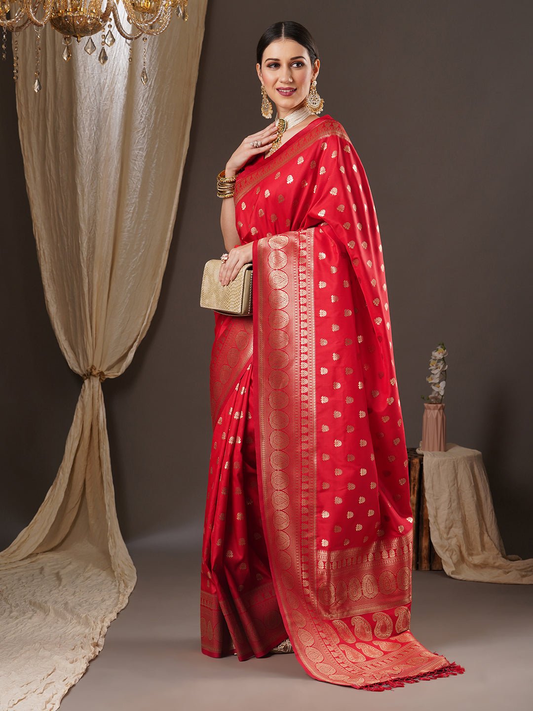 Red Banarasi Silk Saree with Gold Zari Weave - Ressa