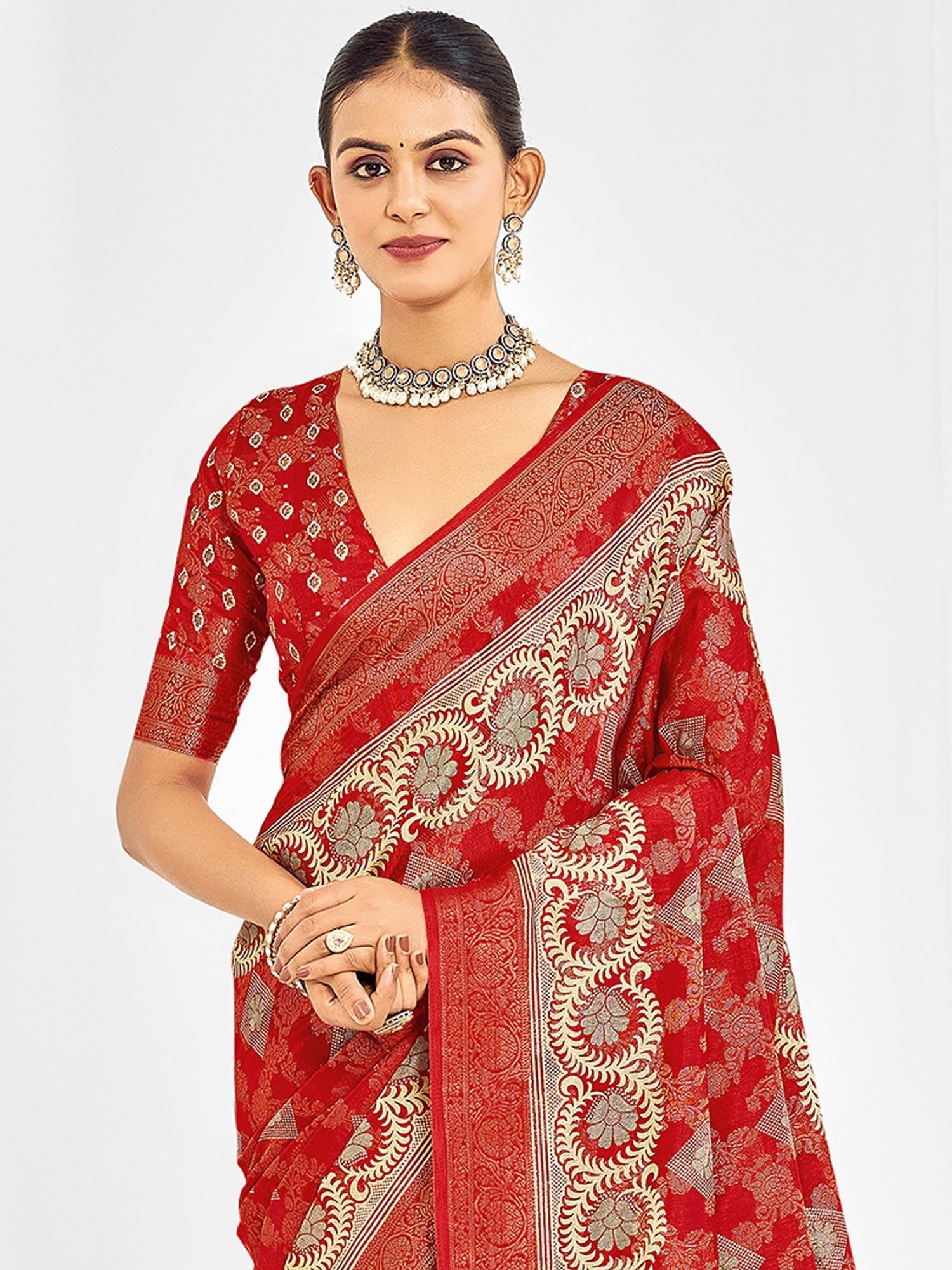 Red Banarasi Silk Saree with Gold Zari Weave - Ressa
