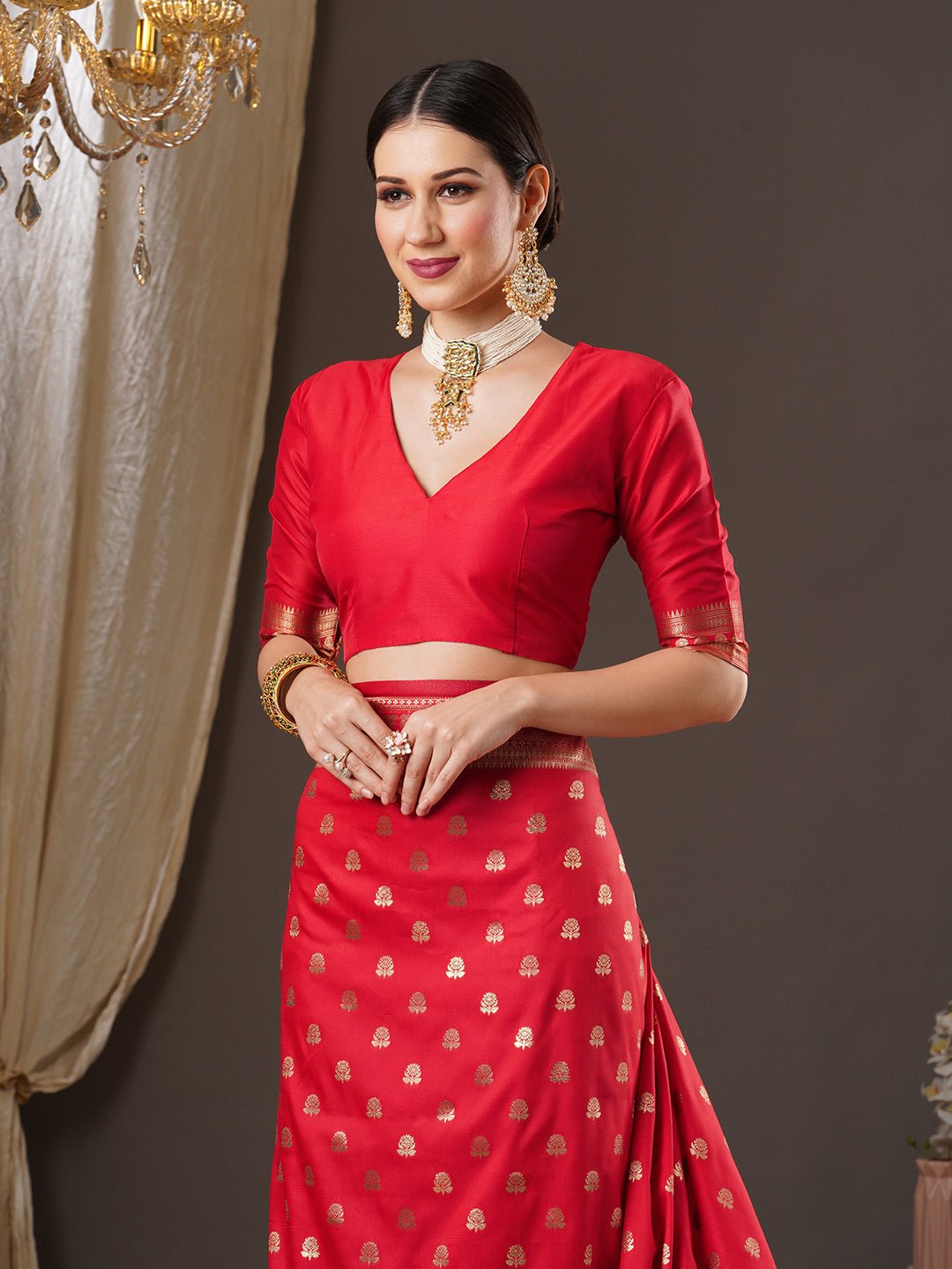 Red Banarasi Silk Saree with Gold Zari Weave - Ressa