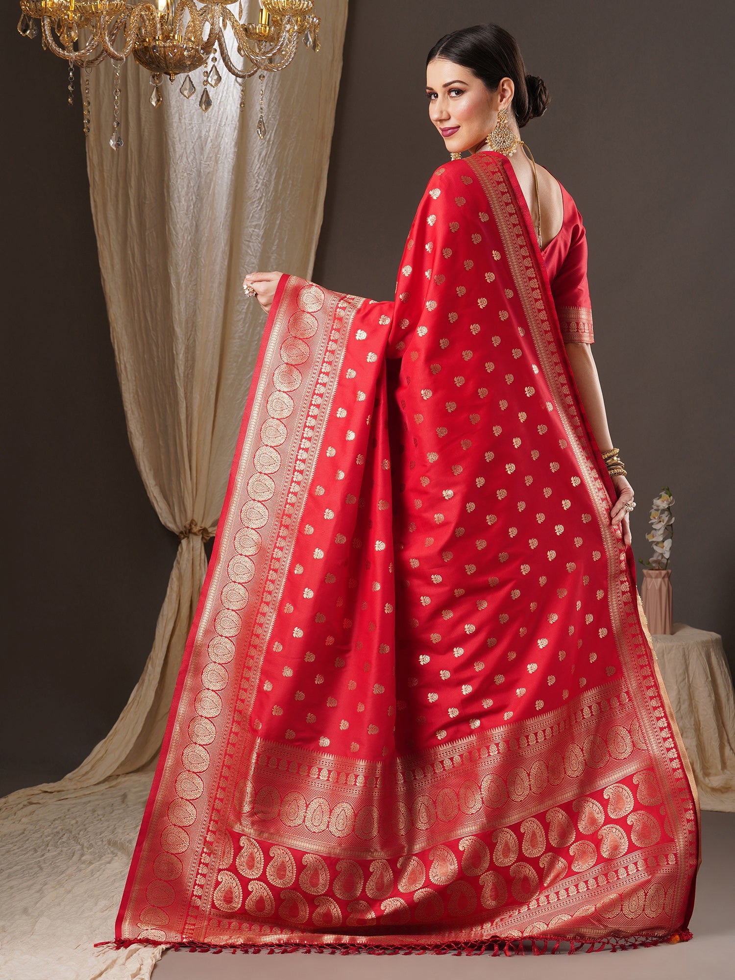 Red Banarasi Silk Saree with Gold Zari Weave - Ressa