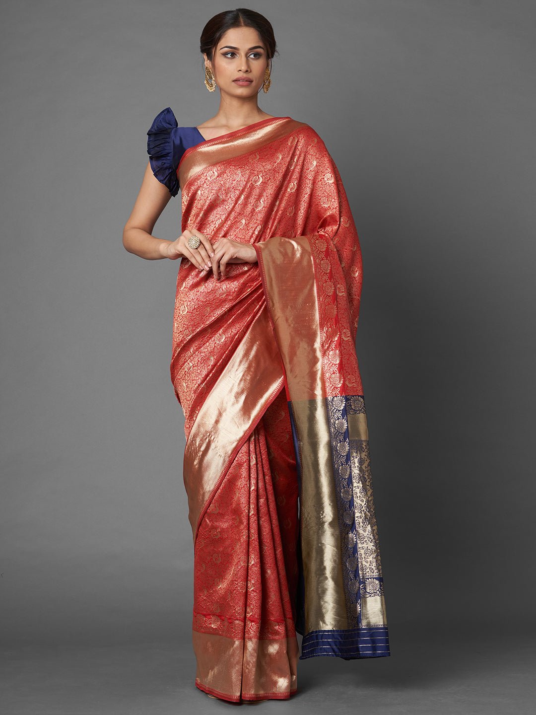 Red Banarasi Silk Saree with Gold Zari Weave - Ressa
