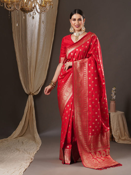 Red Banarasi Silk Saree with Gold Zari Weave - Ressa