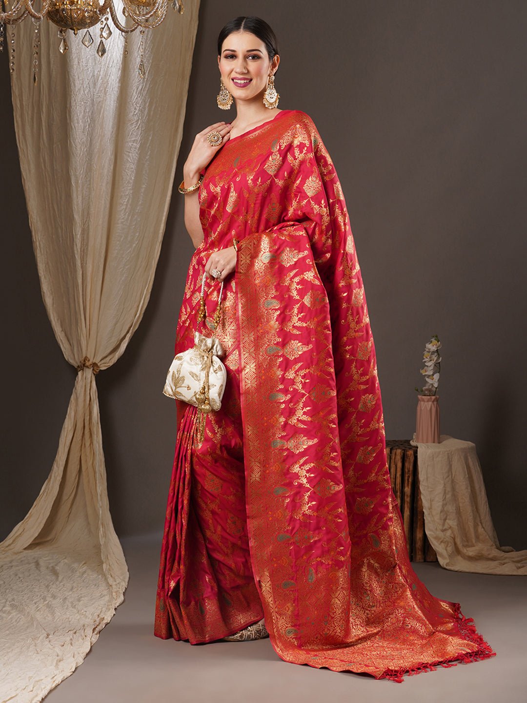 Red Banarasi Silk Saree with Gold Zari Weave - Ressa
