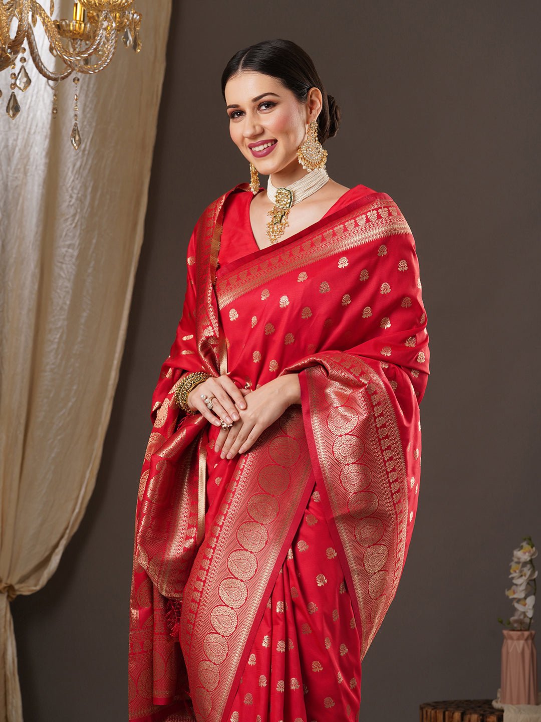 Red Banarasi Silk Saree with Gold Zari Weave - Ressa