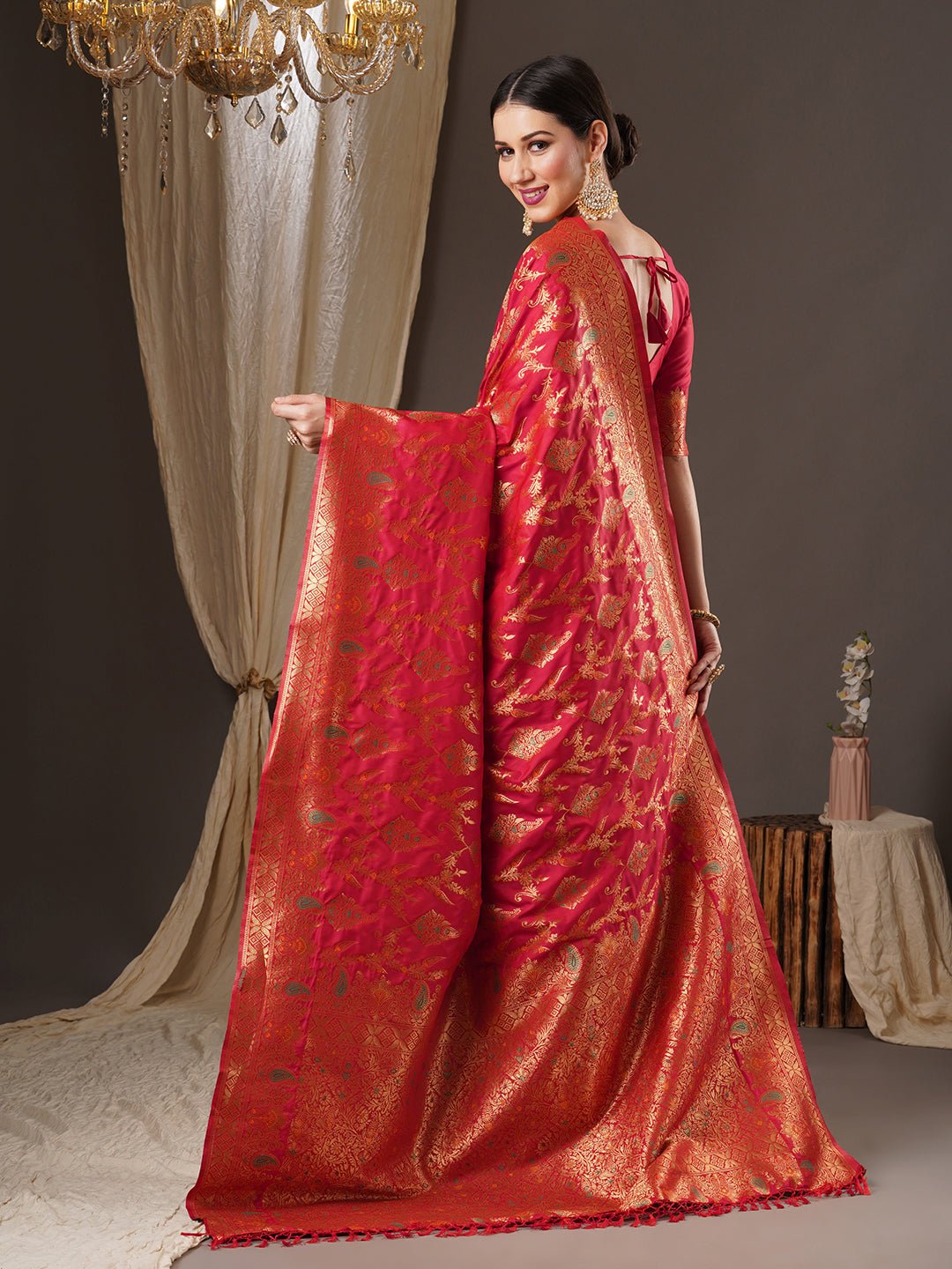 Red Banarasi Silk Saree with Gold Zari Weave - Ressa
