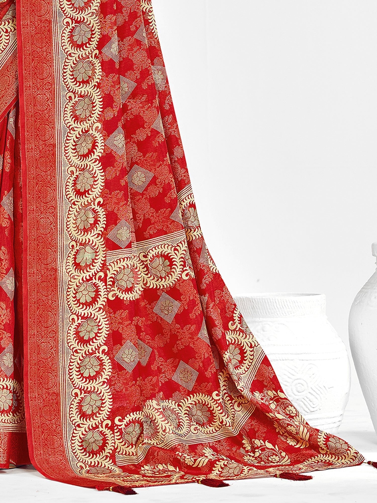 Red Banarasi Silk Saree with Gold Zari Weave - Ressa