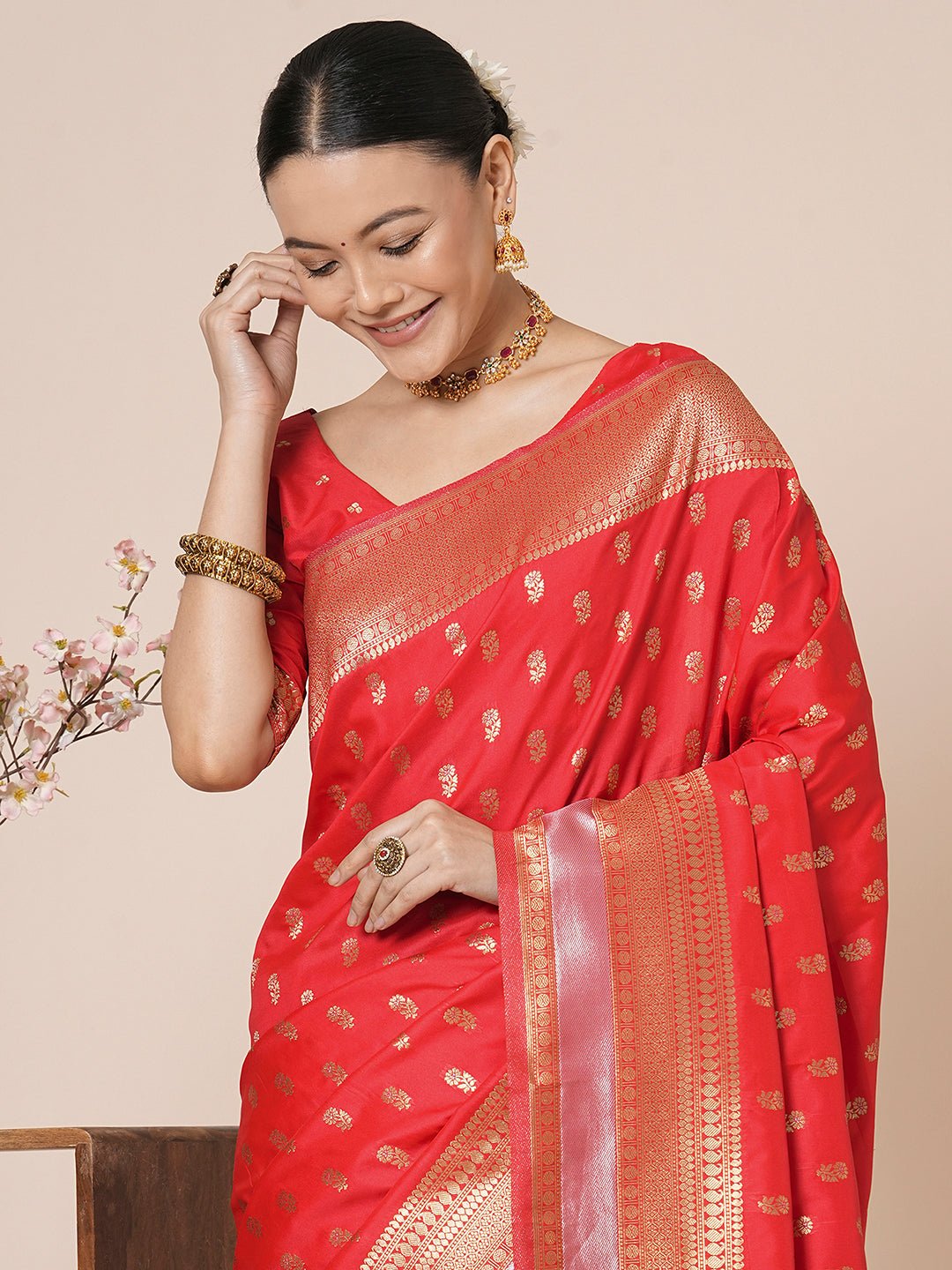 Red Banarasi Silk Saree with Zari Weave Saree - Ressa