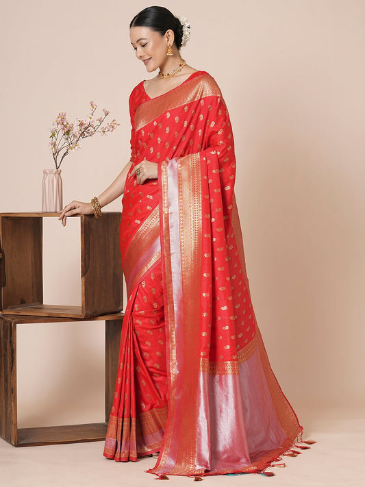 Red Banarasi Silk Saree with Zari Weave Saree - Ressa