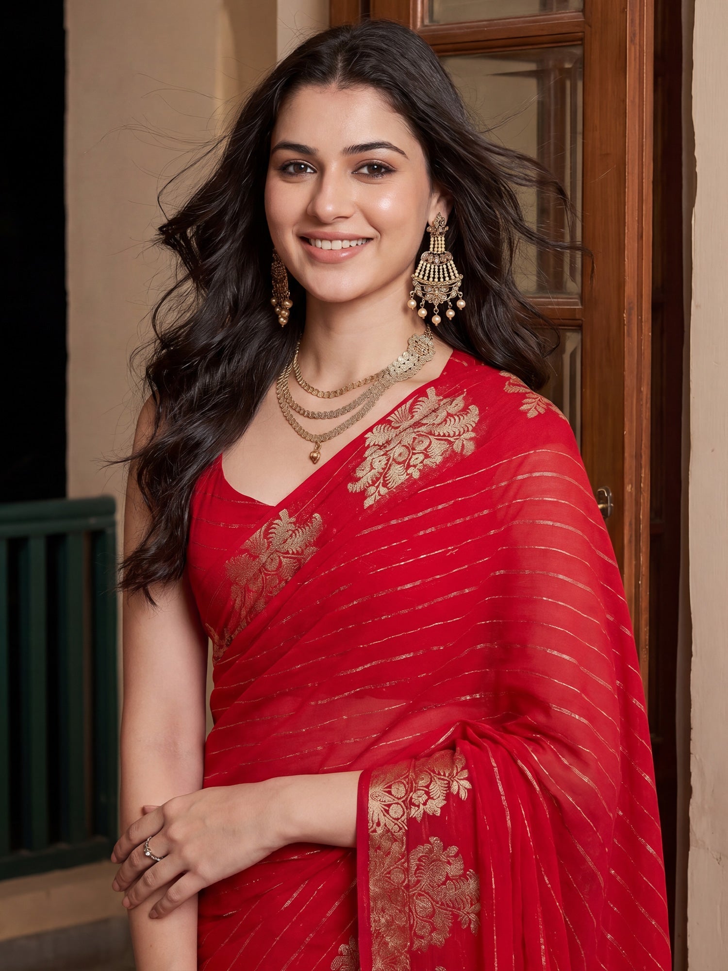 Red Banarasi Woven Silk Blend Gold Zari Leheriya &amp; Floral Motifs&nbsp; Saree - Ressa