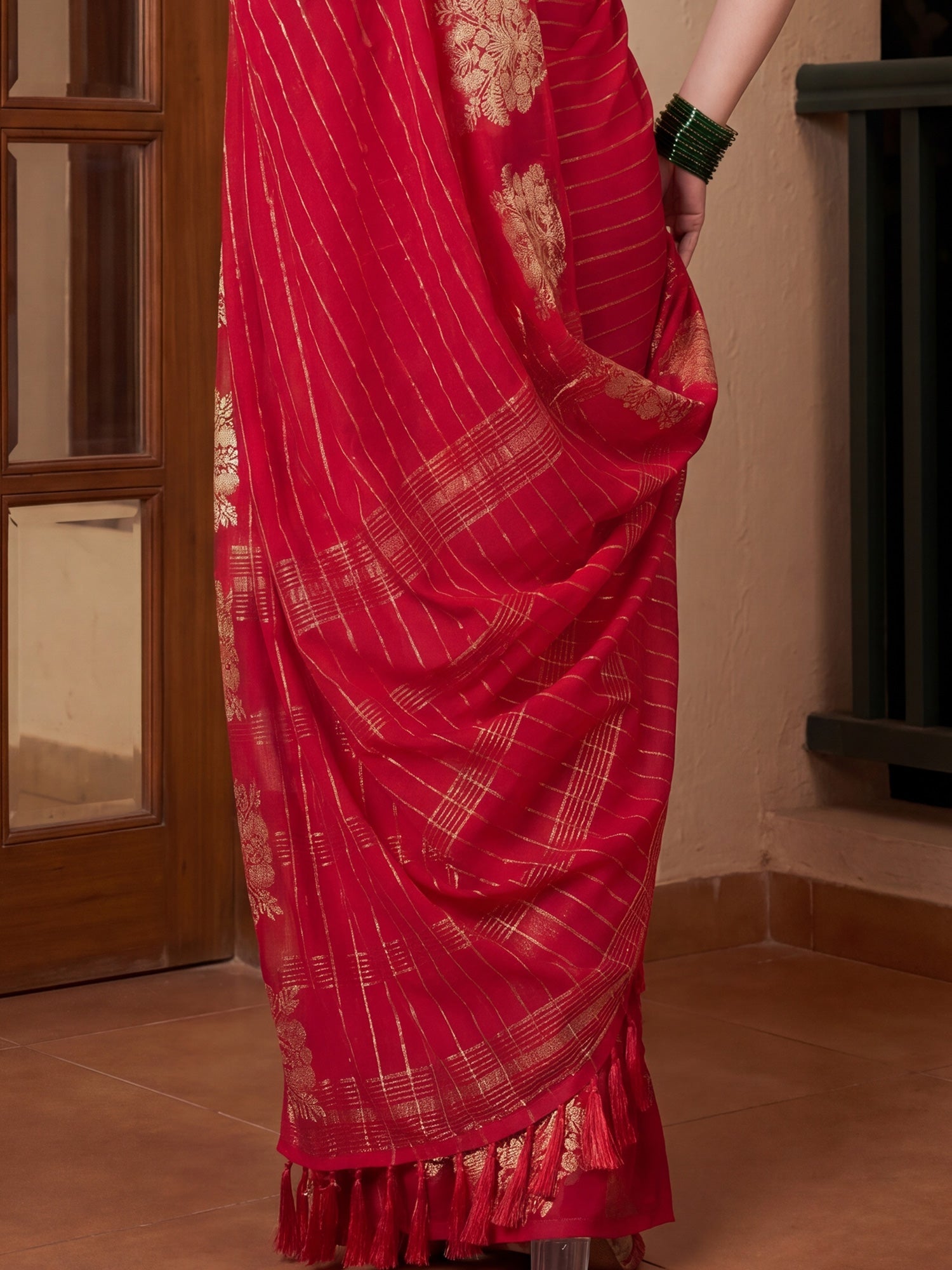 Red Banarasi Woven Silk Blend Gold Zari Leheriya &amp; Floral Motifs&nbsp; Saree - Ressa