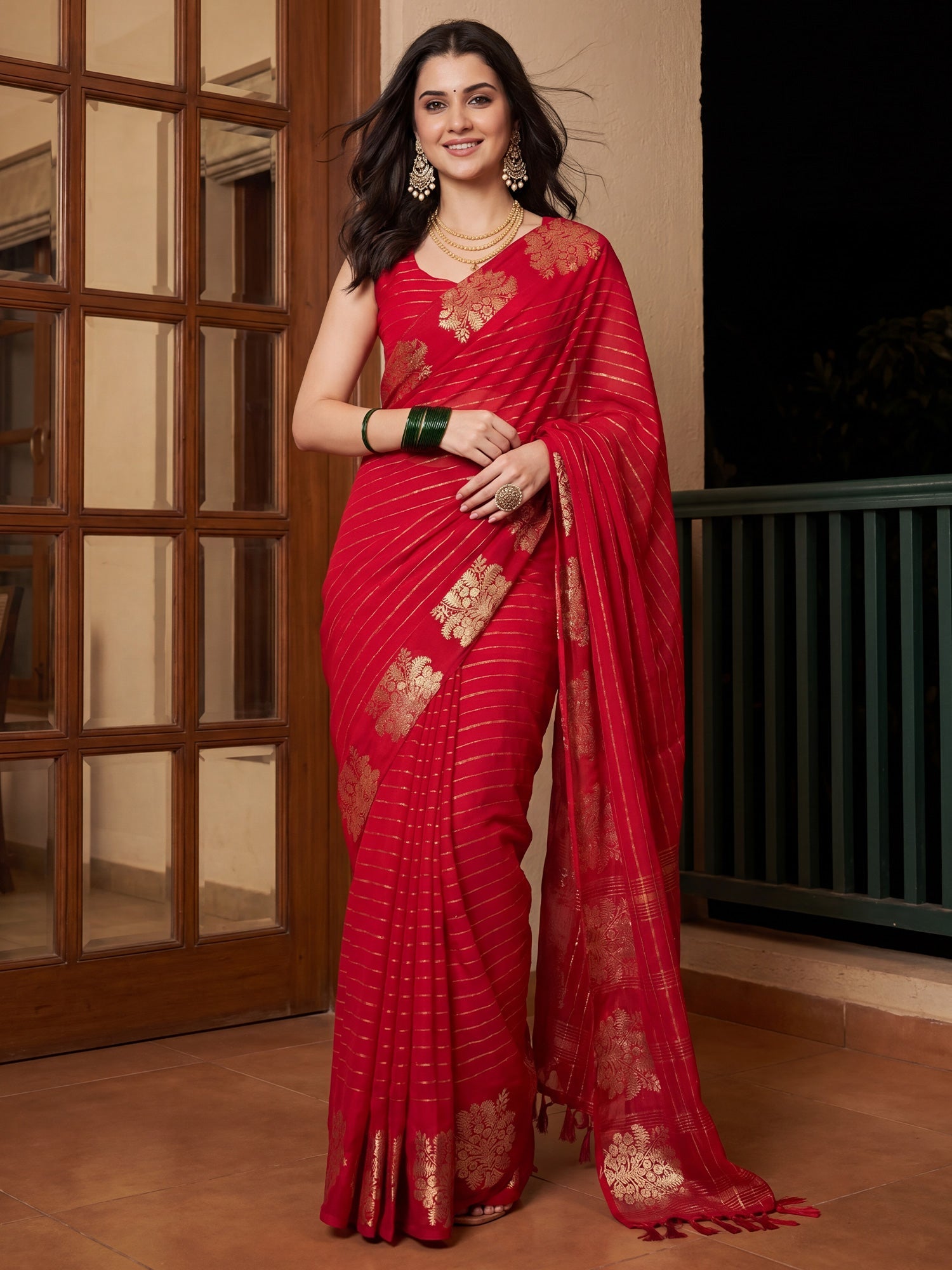 Red Banarasi Woven Silk Blend Gold Zari Leheriya &amp; Floral Motifs&nbsp; Saree - Ressa