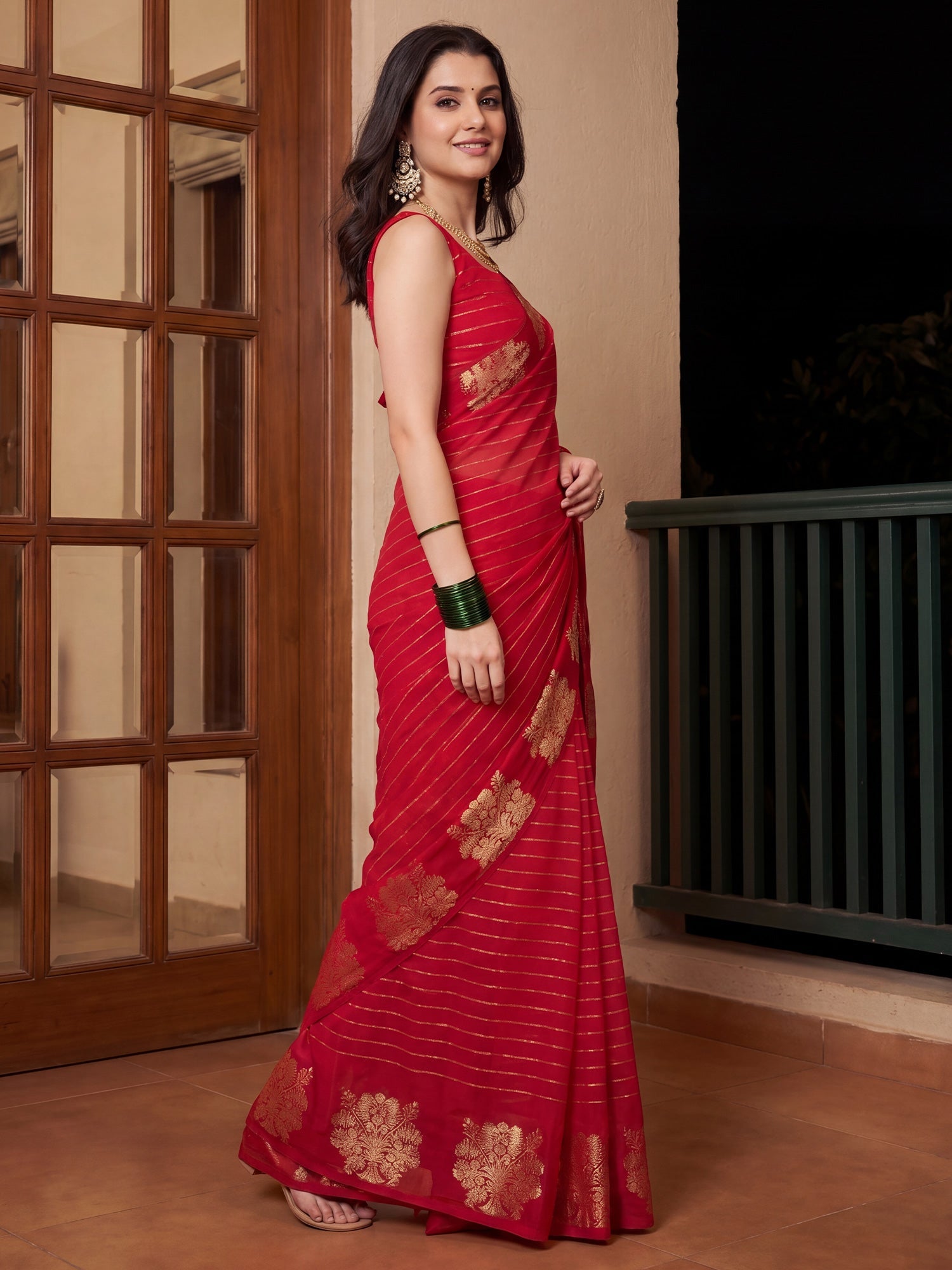 Red Banarasi Woven Silk Blend Gold Zari Leheriya &amp; Floral Motifs&nbsp; Saree - Ressa