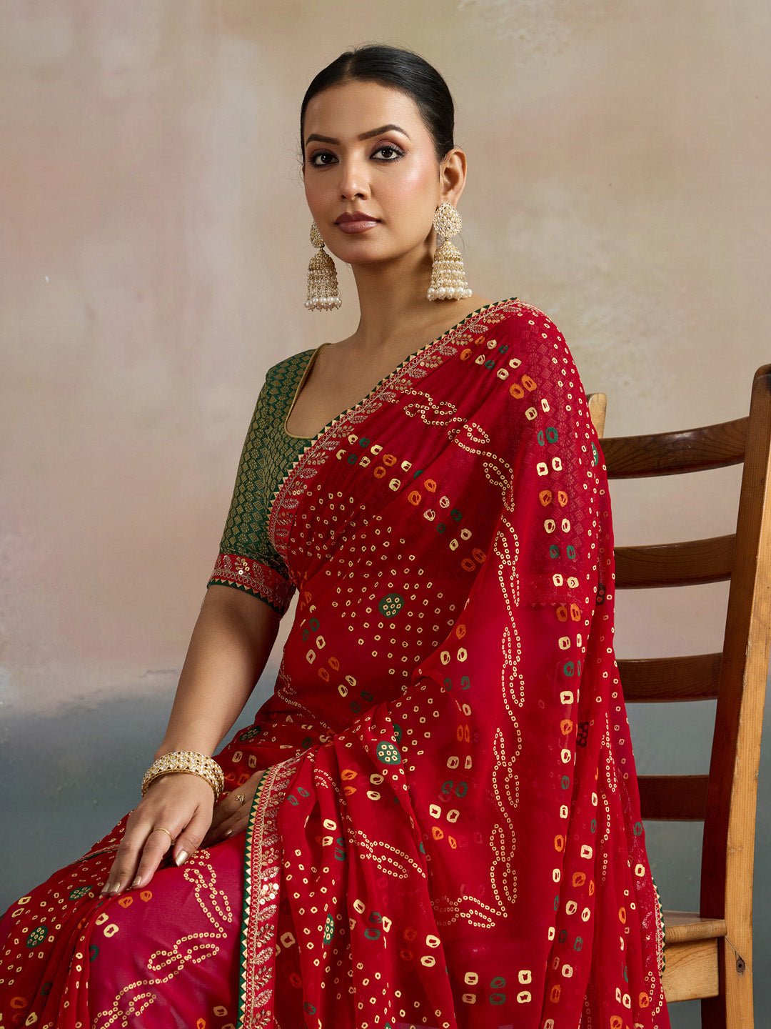 Red Bandhani Georgette Saree with Green Gold Border - Ressa