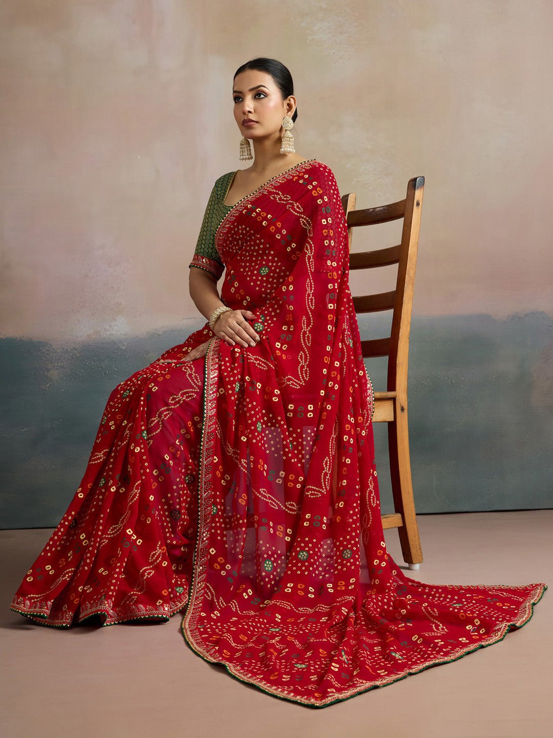 Red Bandhani Georgette Saree with Green Gold Border - Ressa