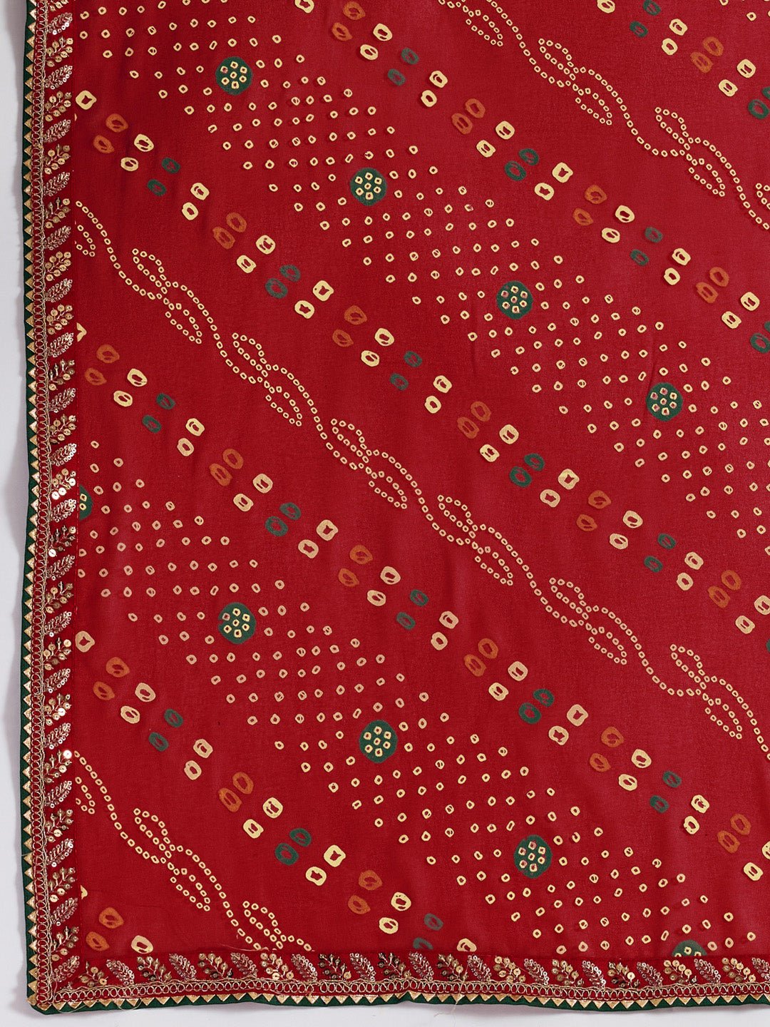 Red Bandhani Georgette Saree with Green Gold Border - Ressa