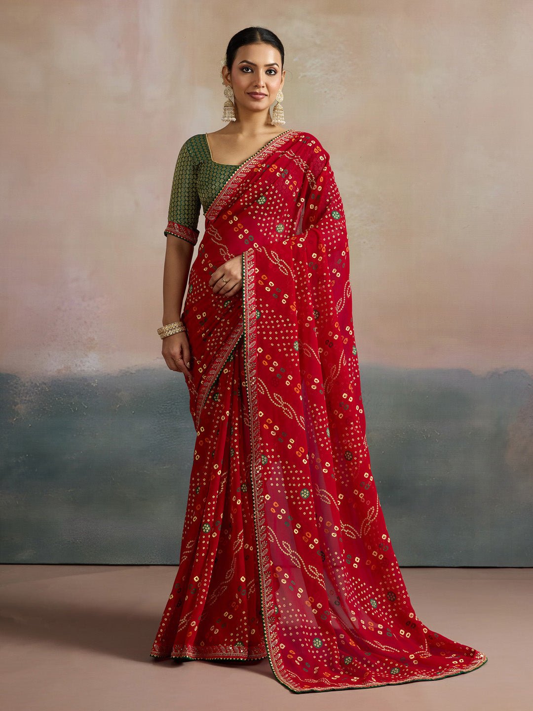 Red Bandhani Georgette Saree with Green Gold Border - Ressa