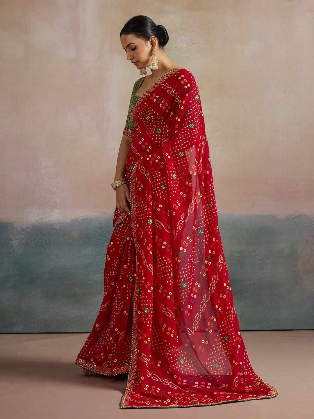 Red Bandhani Georgette Saree with Green Gold Border - Ressa