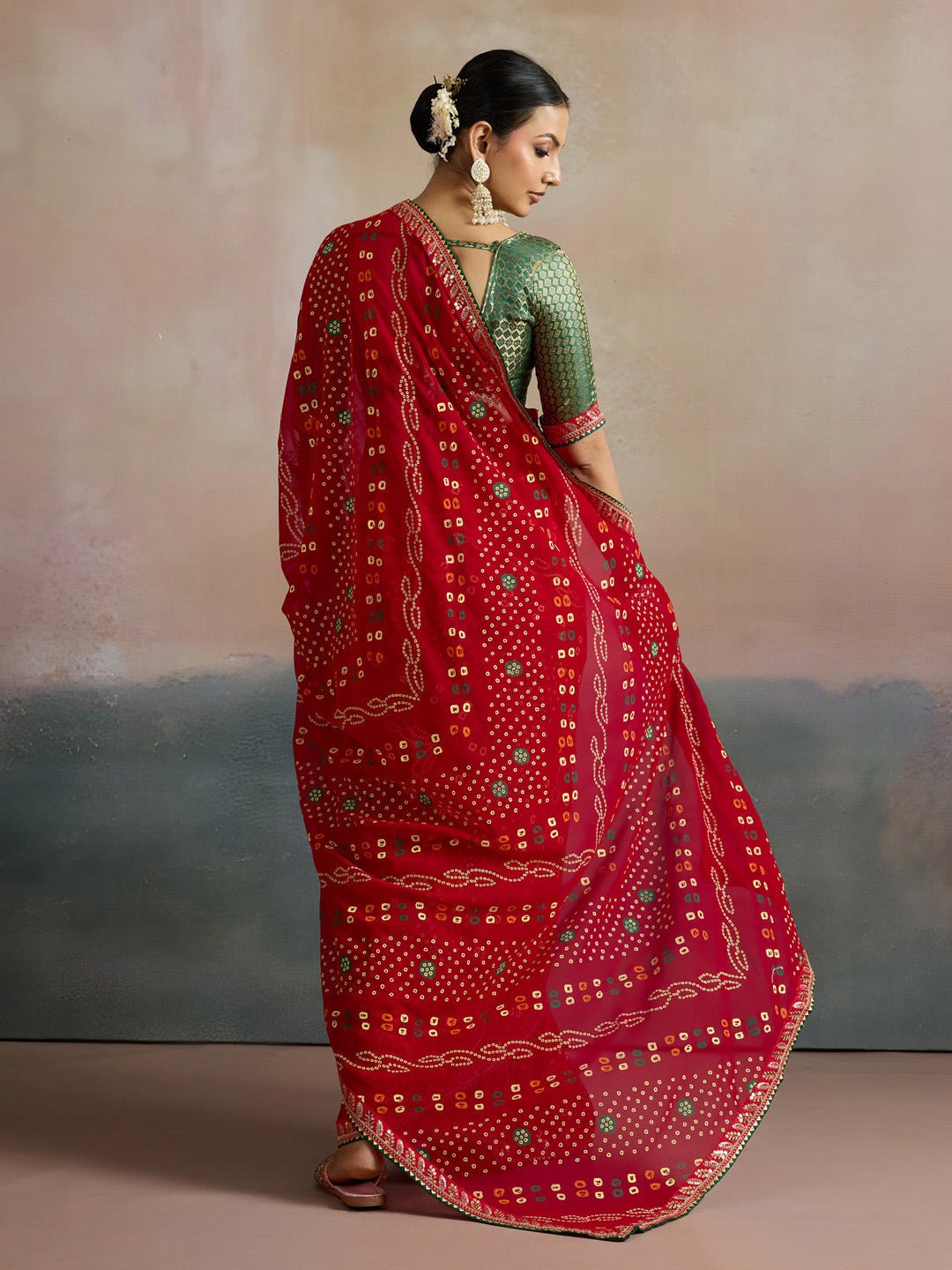 Red Bandhani Georgette Saree with Green Gold Border - Ressa