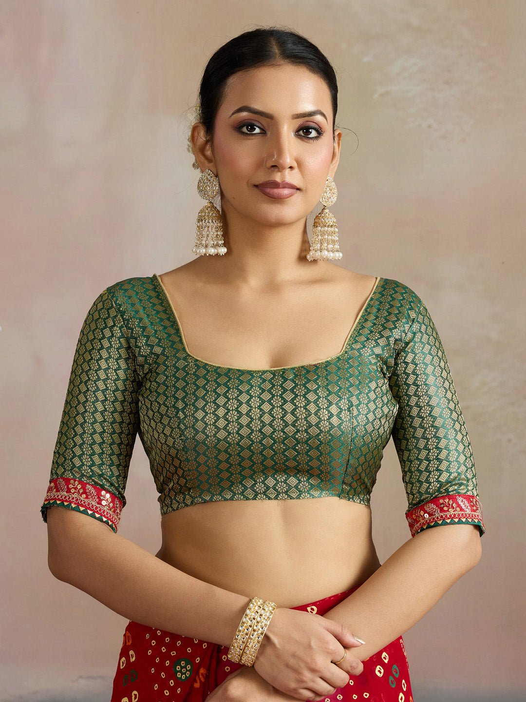 Red Bandhani Georgette Saree with Green Gold Border - Ressa