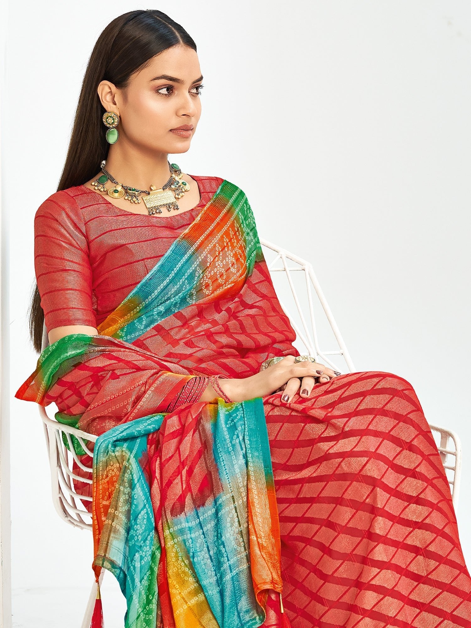 Red Bandhani Georgette Saree with Rainbow Border | - Ressa