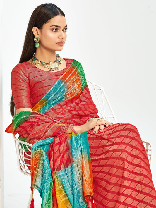 Red Bandhani Georgette Saree with Rainbow Border | - Ressa