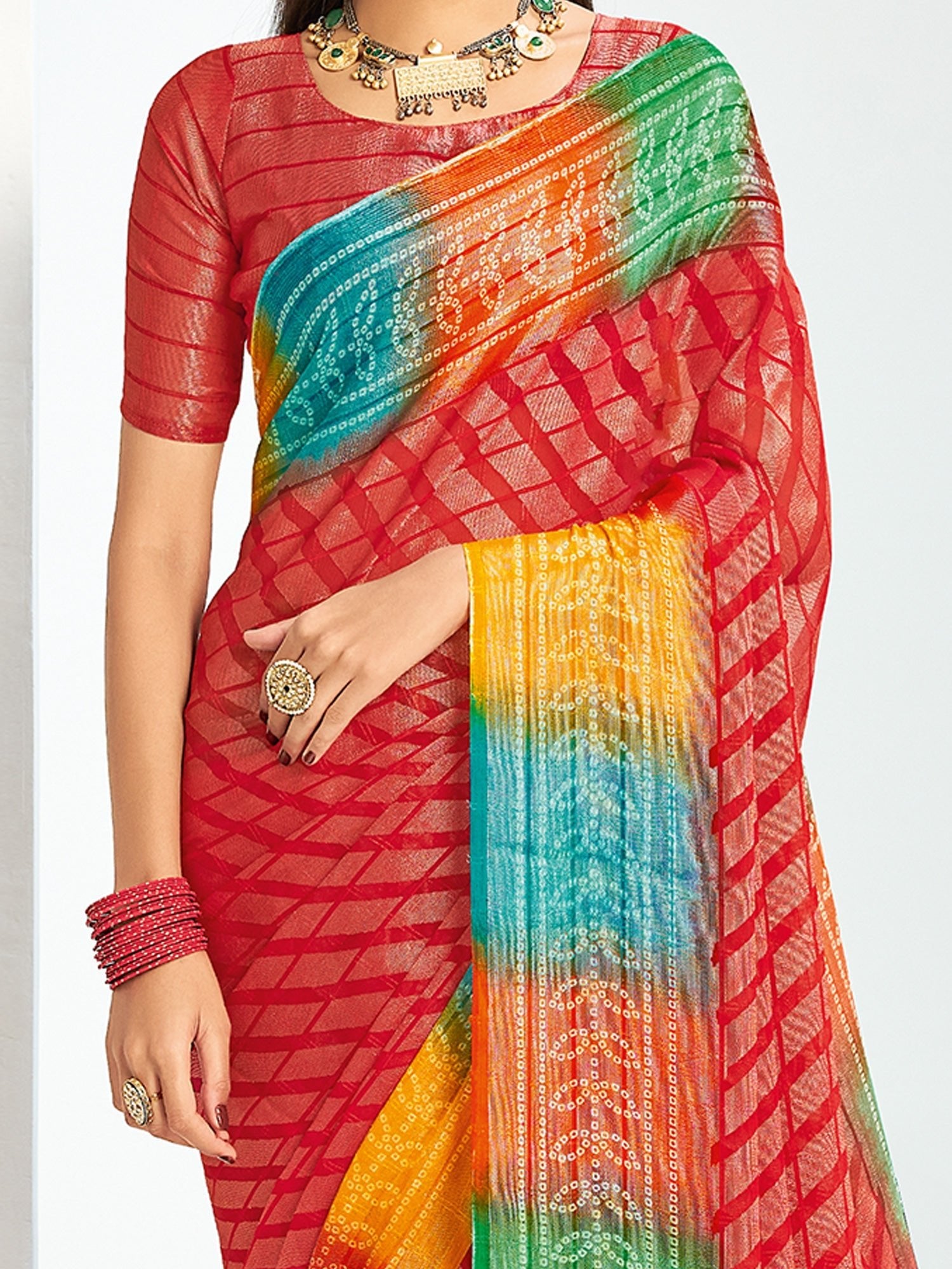 Red Bandhani Georgette Saree with Rainbow Border | - Ressa