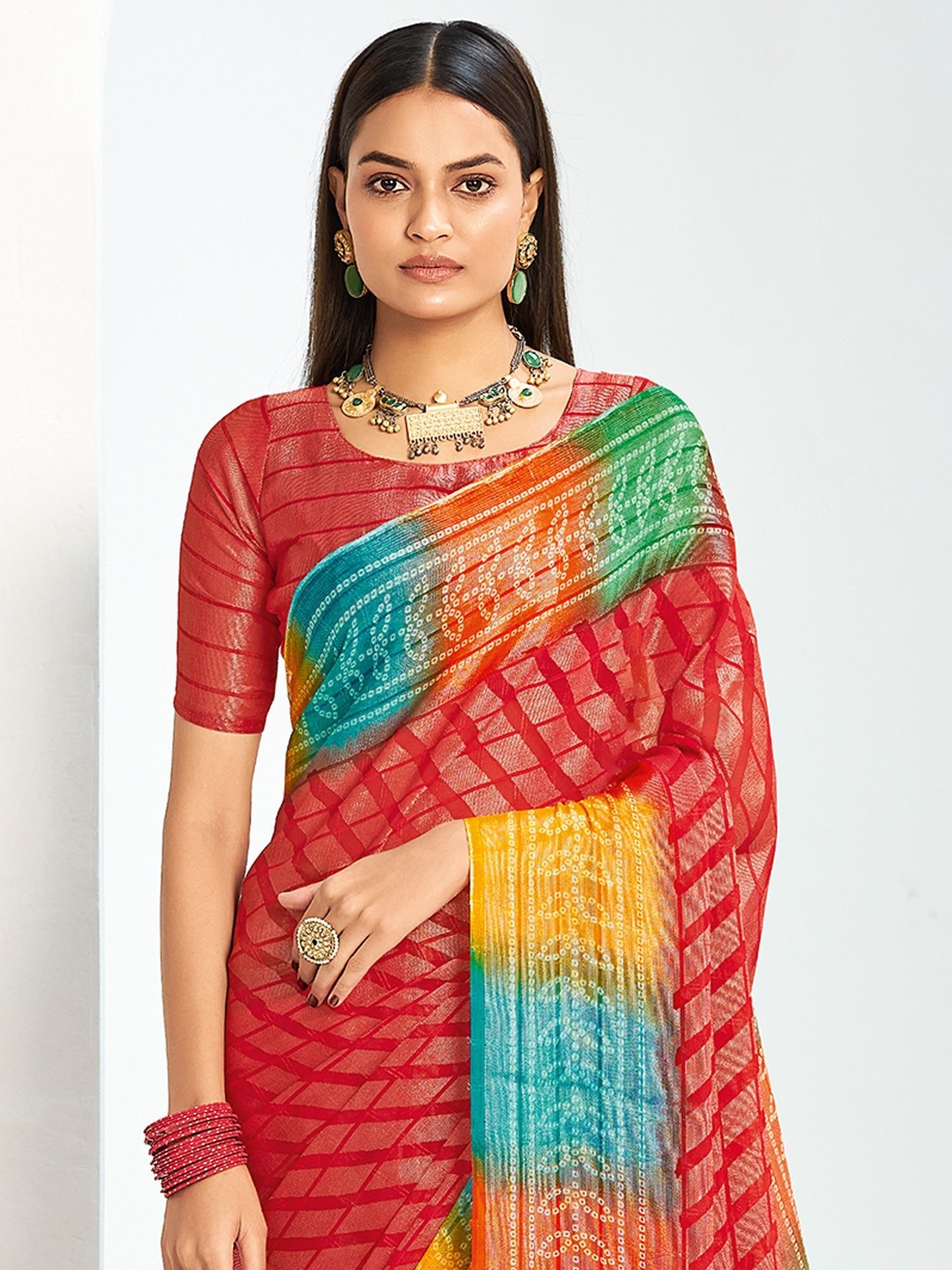 Red Bandhani Georgette Saree with Rainbow Border | - Ressa