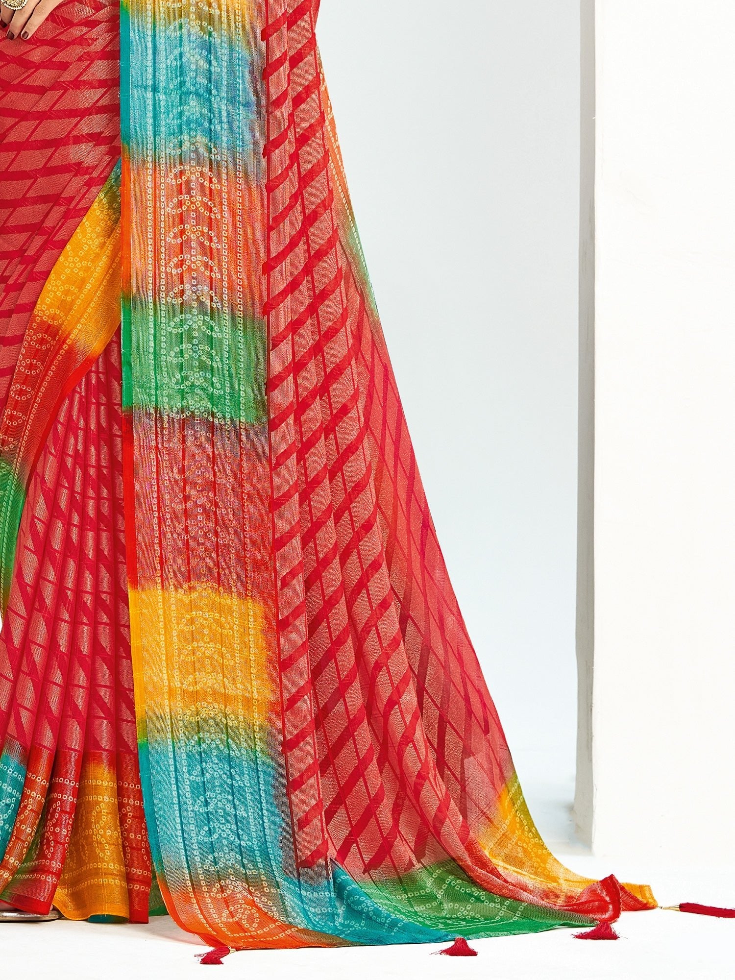 Red Bandhani Georgette Saree with Rainbow Border | - Ressa