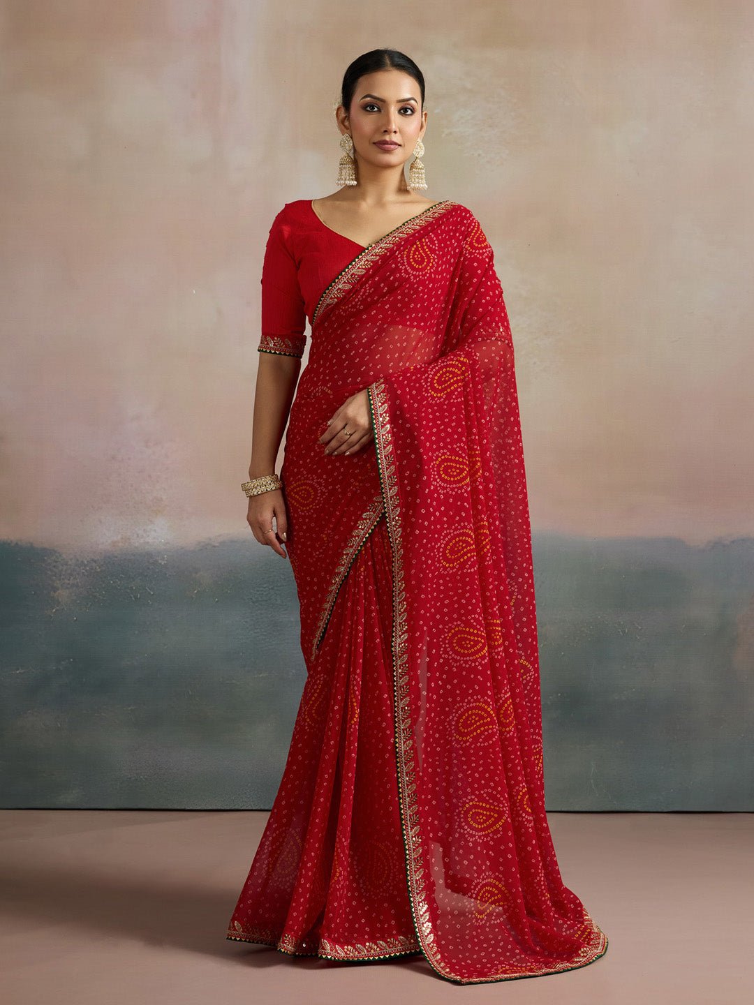 Red Bandhani Print Georgette Saree - Ressa