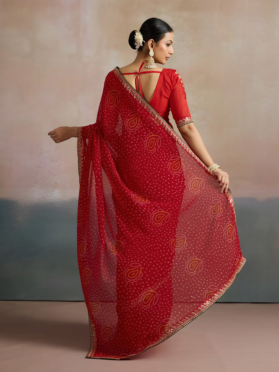 Red Bandhani Print Georgette Saree - Ressa