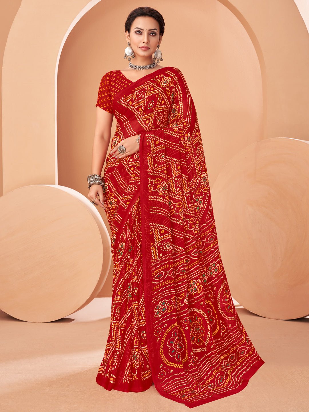 Red Bandhani Print Georgette Saree - Ressa