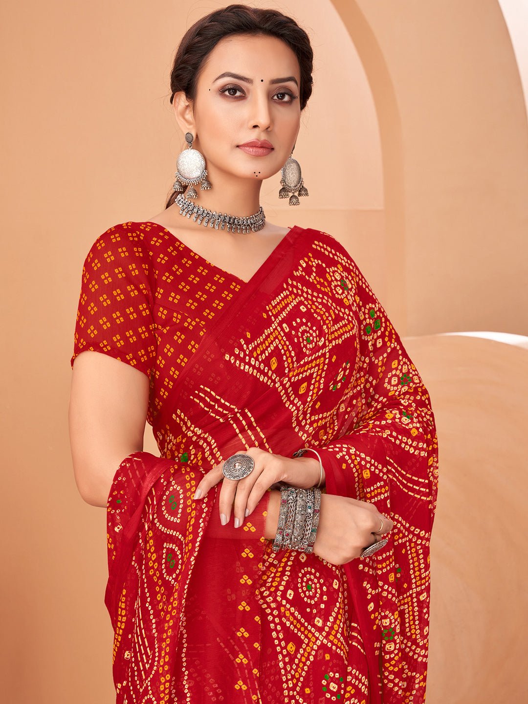 Red Bandhani Print Georgette Saree - Ressa