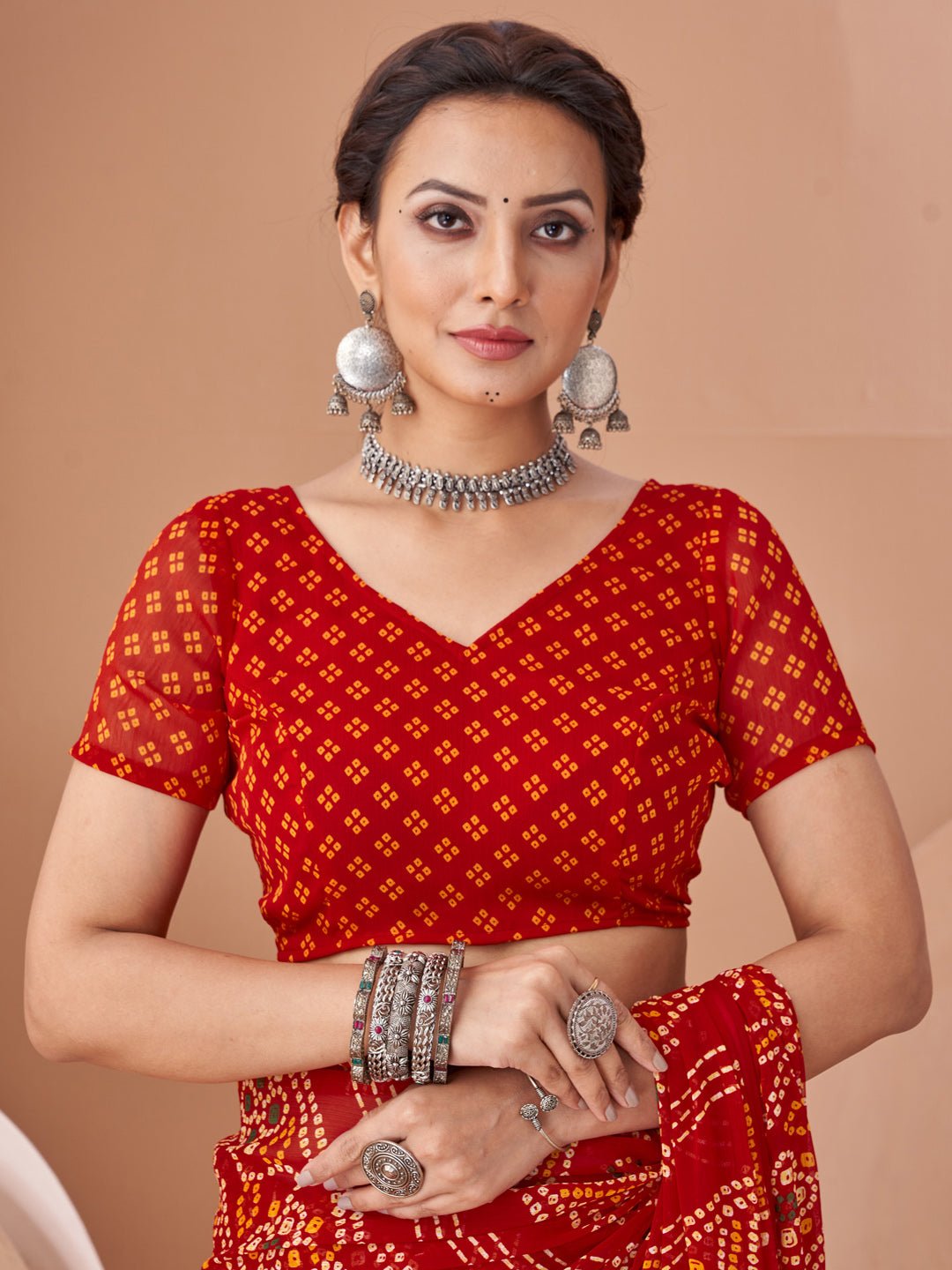 Red Bandhani Print Georgette Saree - Ressa
