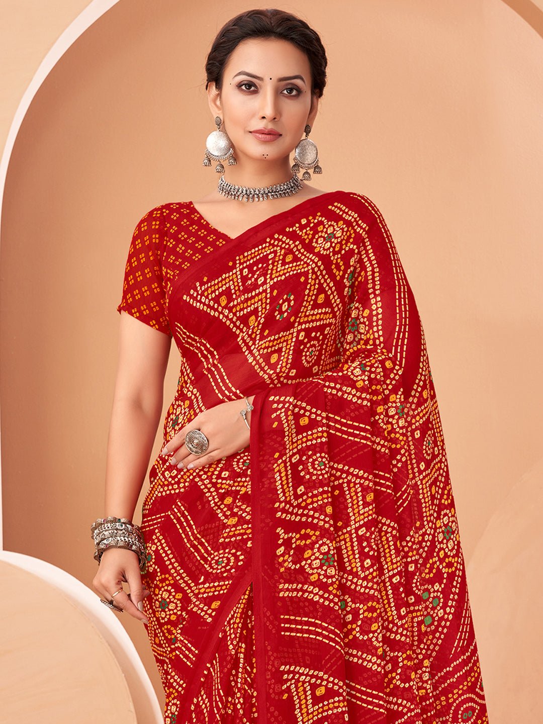 Red Bandhani Print Georgette Saree - Ressa
