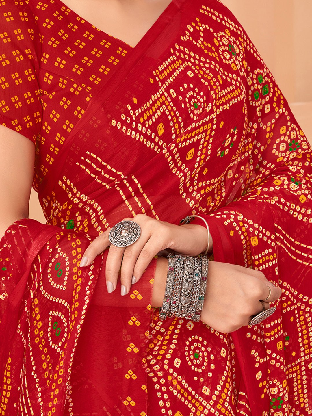 Red Bandhani Print Georgette Saree - Ressa