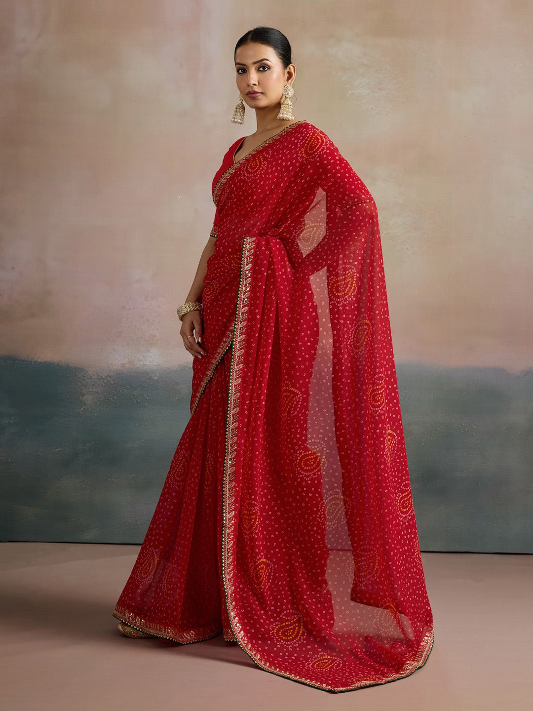 Red Bandhani Print Georgette Saree - Ressa