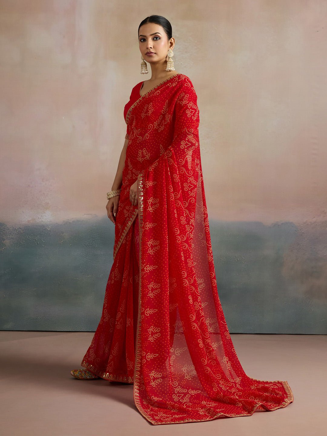 Red Bandhani Print Sequin Border Saree - Ressa