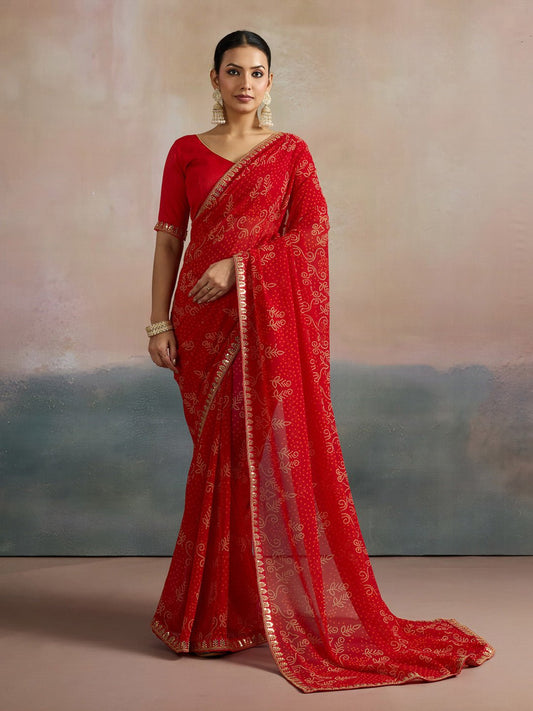 Red Bandhani Print Sequin Border Saree - Ressa