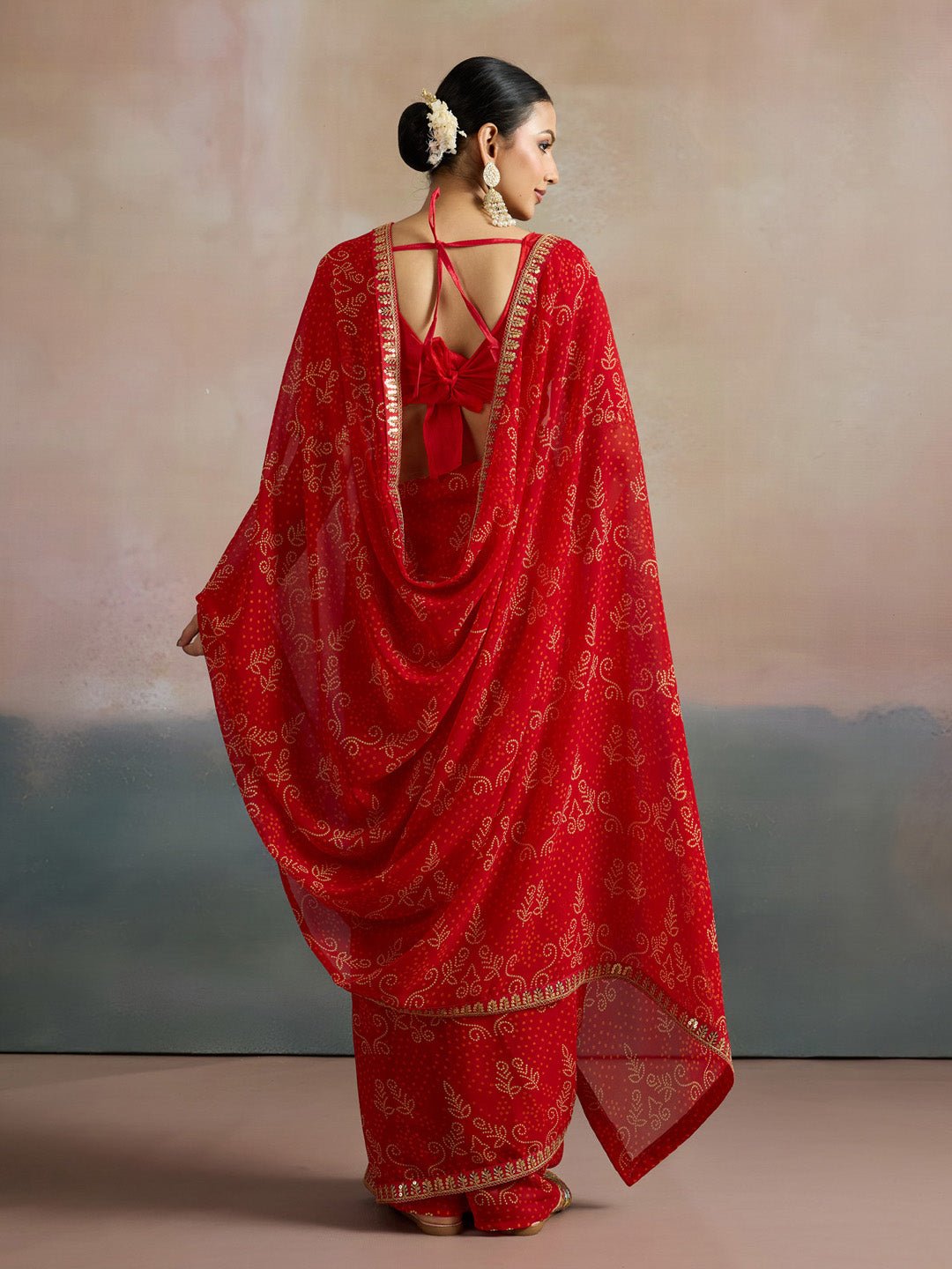 Red Bandhani Print Sequin Border Saree - Ressa