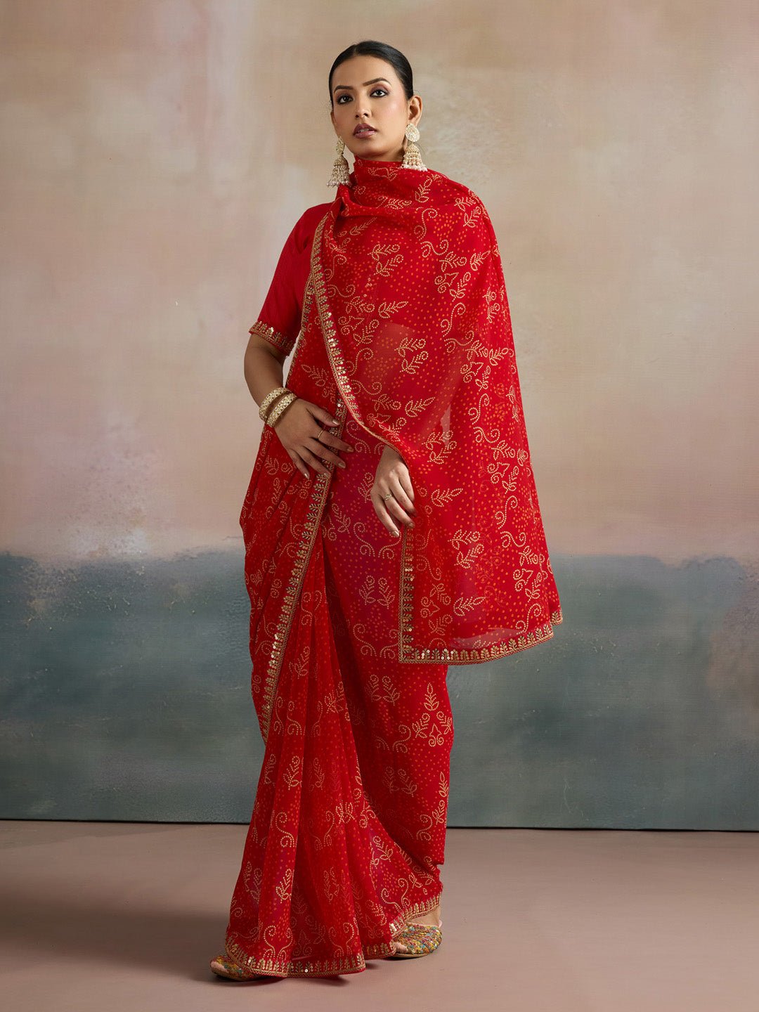 Red Bandhani Print Sequin Border Saree - Ressa
