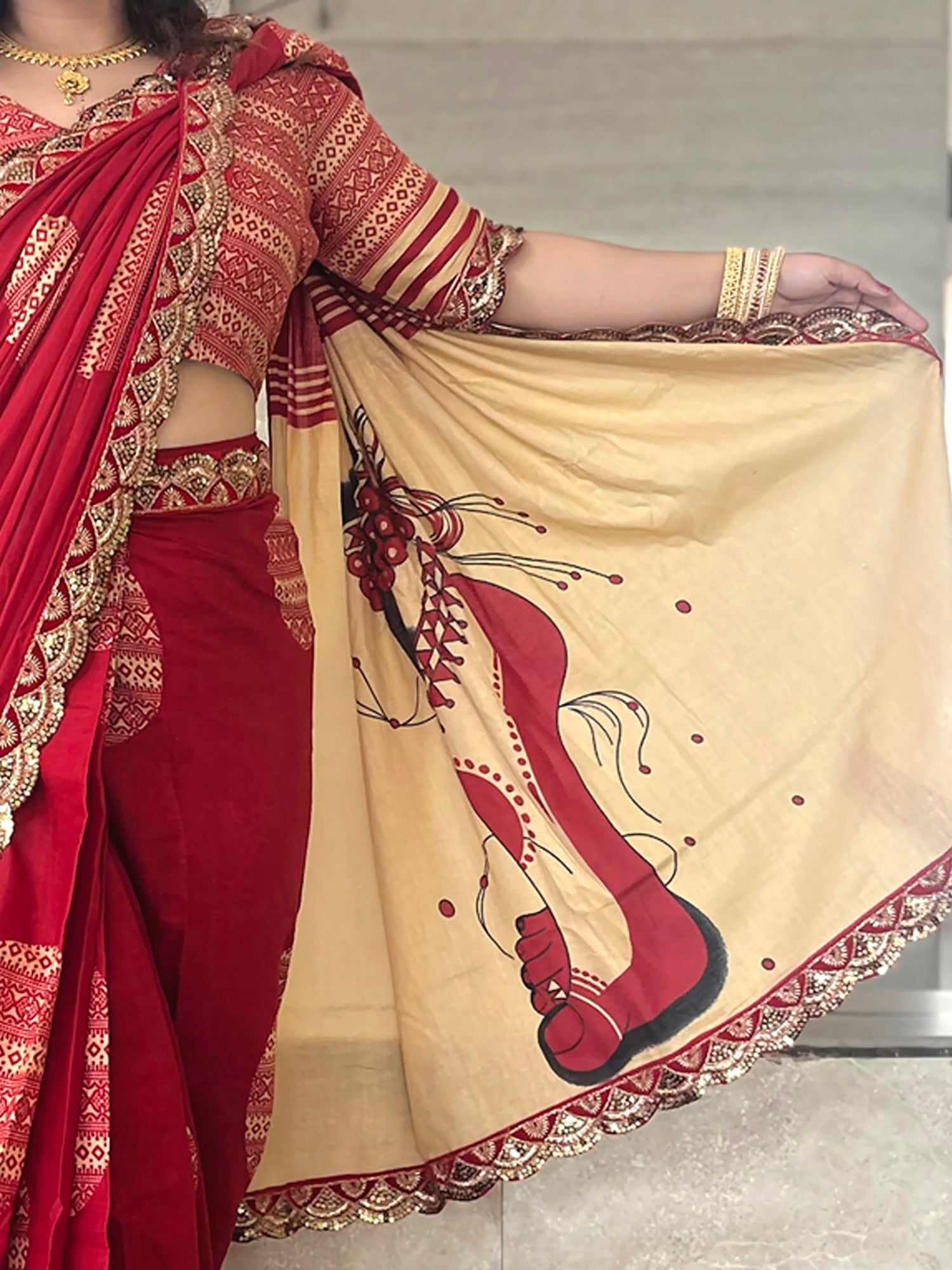 Red & Beige Cotton Silk Ethnic Print Kalamkari Inspired Pallu Embroidered Border Blouse Saree - Ressa