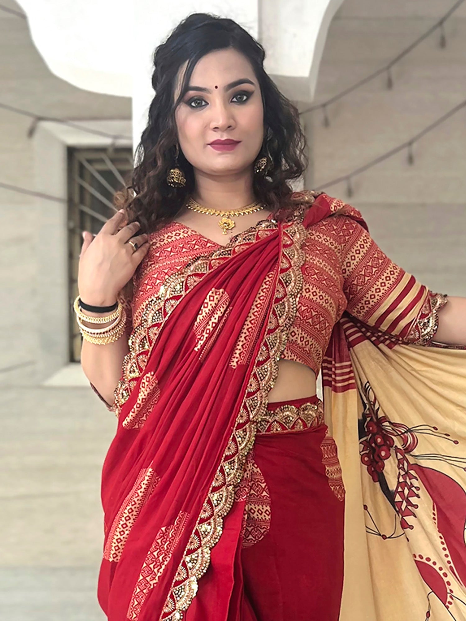 Red & Beige Cotton Silk Ethnic Print Kalamkari Inspired Pallu Embroidered Border Blouse Saree - Ressa
